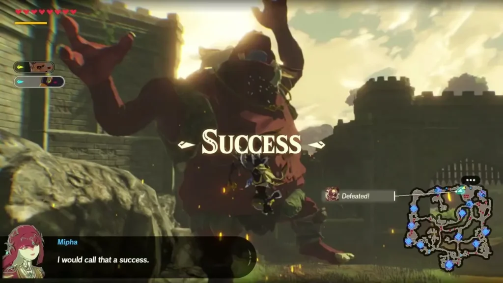 The Success card appears as the Hinox falls, with Mipha calling it a success The Success card appears as the Hinox falls, with Mipha calling it a success