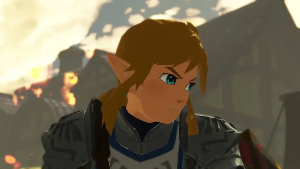 Link, in close-up, glares at Sooga during the face-off cutscene Link, in close-up, glares at Sooga during the face-off cutscene
