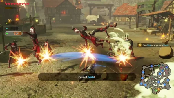 Link fights off Yiga Footsoldiers around Zelda under the Protect Zelda banner Link fights off Yiga Footsoldiers around Zelda under the Protect Zelda banner
