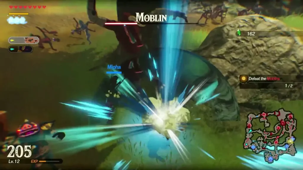 Mipha attacks the Moblin at the gate under its health bar and the Defeat the Moblin objective Mipha attacks the Moblin at the gate under its health bar and the Defeat the Moblin objective