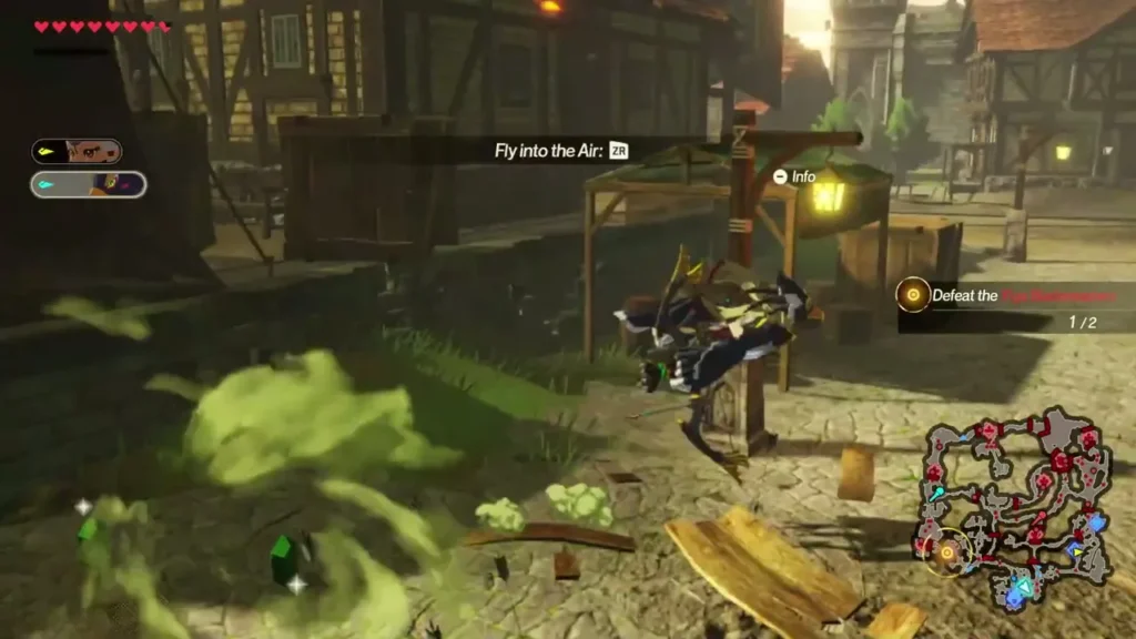 Revali hovers over the village street as the Fly into the Air prompt appears Revali hovers over the village street as the Fly into the Air prompt appears