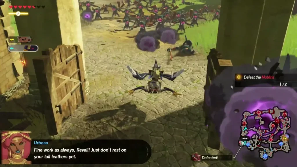 Urbosa tells Revali not to rest on his tail feathers as enemies crowd the village gate Urbosa tells Revali not to rest on his tail feathers as enemies crowd the village gate