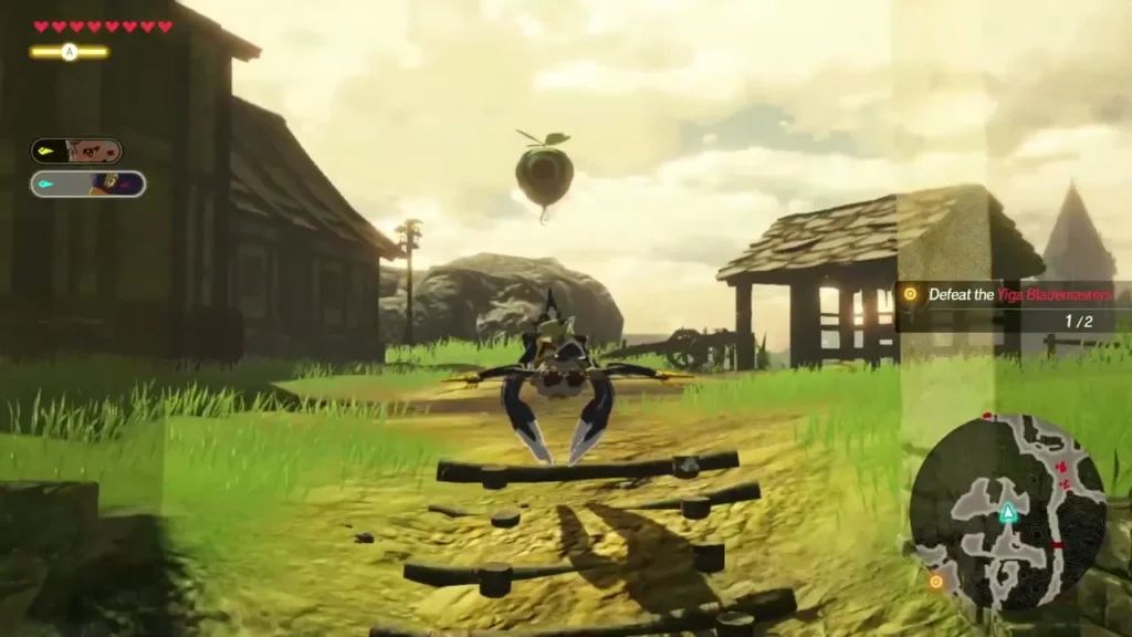 Link stands on the dirt ground between village houses with the Defeat the Yiga Blademasters objective at 1 of 2 Link stands on the dirt ground between village houses with the Defeat the Yiga Blademasters objective at 1 of 2