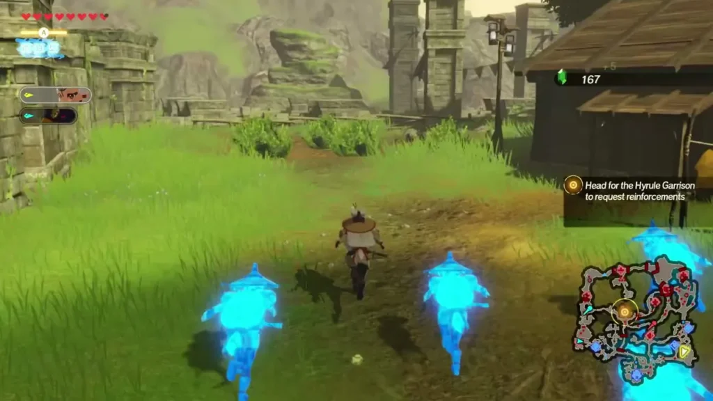 A warrior runs down a dirt path toward the Hyrule Garrison as allied soldiers march alongside A warrior runs down a dirt path toward the Hyrule Garrison as allied soldiers march alongside