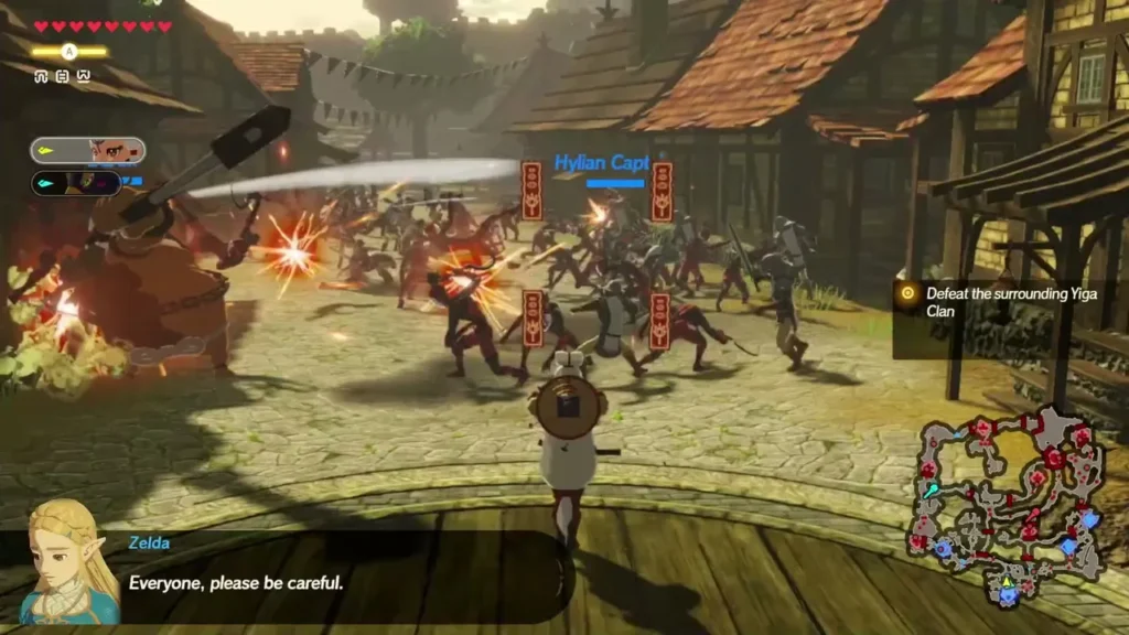 Zelda asks everyone to be careful as Yiga Clan fighters press into the village square Zelda asks everyone to be careful as Yiga Clan fighters press into the village square