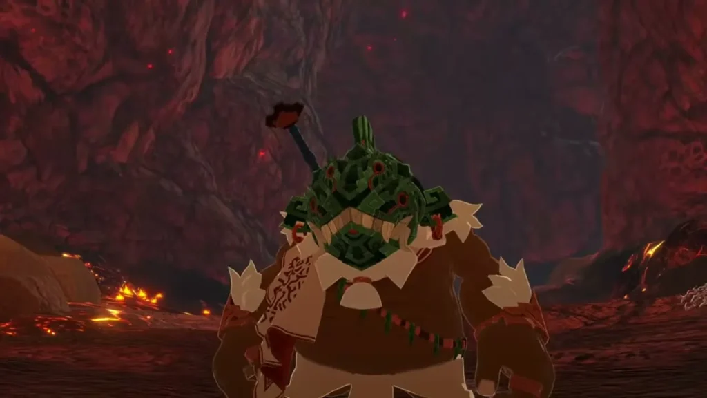 Agraston the Goron chief stands in the glowing Death Mountain crater