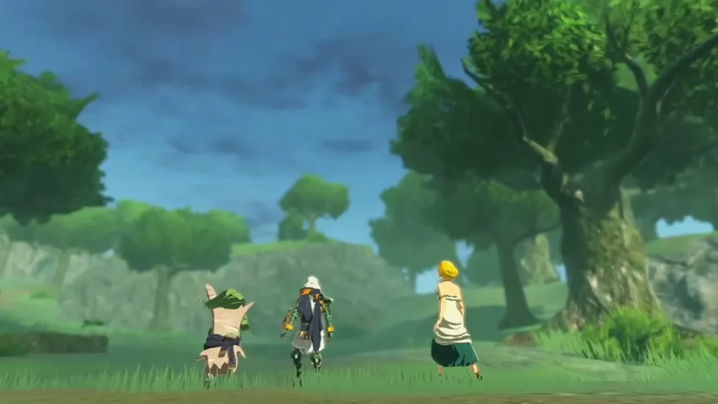 Calamo, a Rito warrior and Zelda walk through a green forest toward the next fight