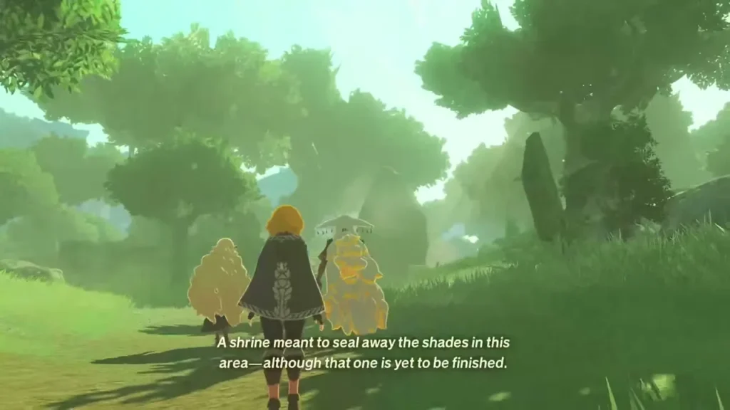 Zelda walks between Rauru and Sonia through the sunlit Forest of Spirits