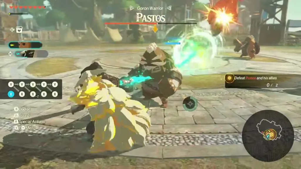 Rauru fights the Goron Pastos in the Hyrule Castle courtyard
