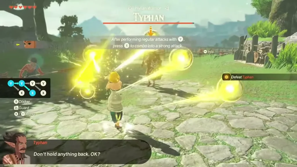 Zelda fights the Hylian warrior Typhan in a sparring bout beside the castle