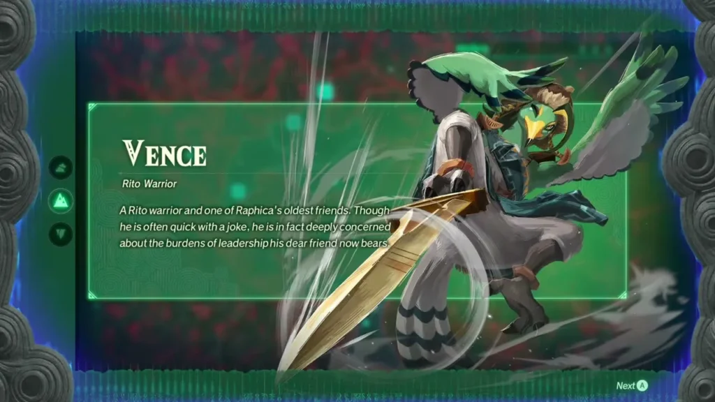 The character card for Vence, the Rito Warrior