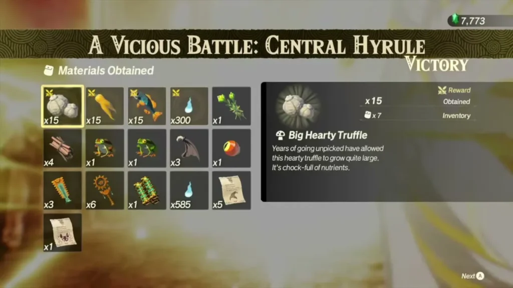 A Vicious Battle: Central Hyrule results show the materials list with Big Hearty Truffle