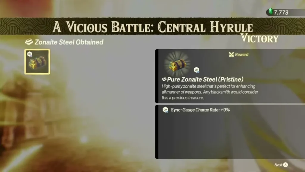 A Vicious Battle: Central Hyrule results show Pure Zonaite Steel (Pristine)