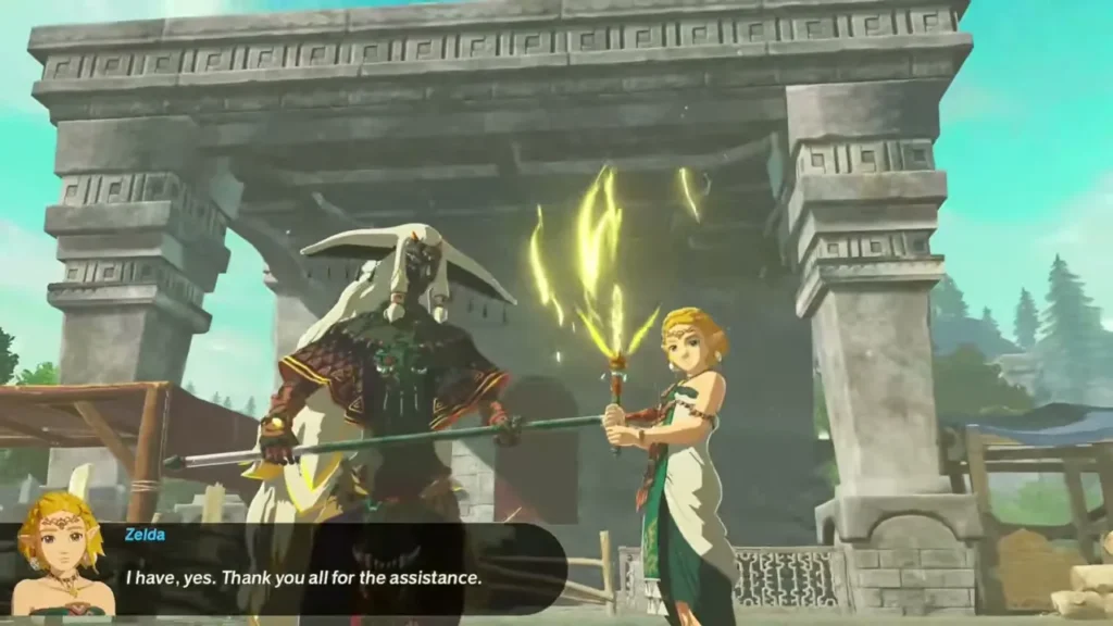 Rauru and Zelda stand together under a stone gate after their duel