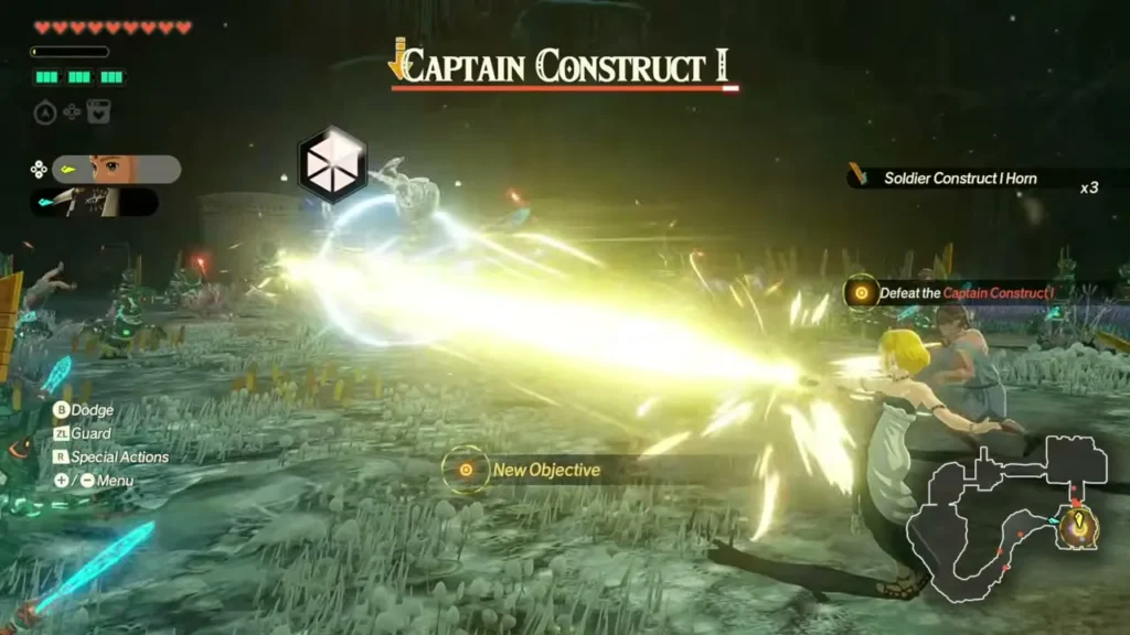 Zelda and Rauru fight a Captain Construct I in the Depths
