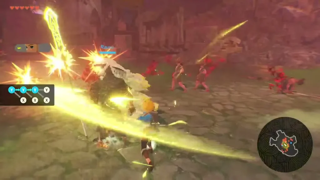 Zelda and Rauru fight shade-possessed soldiers in the first battle of the story