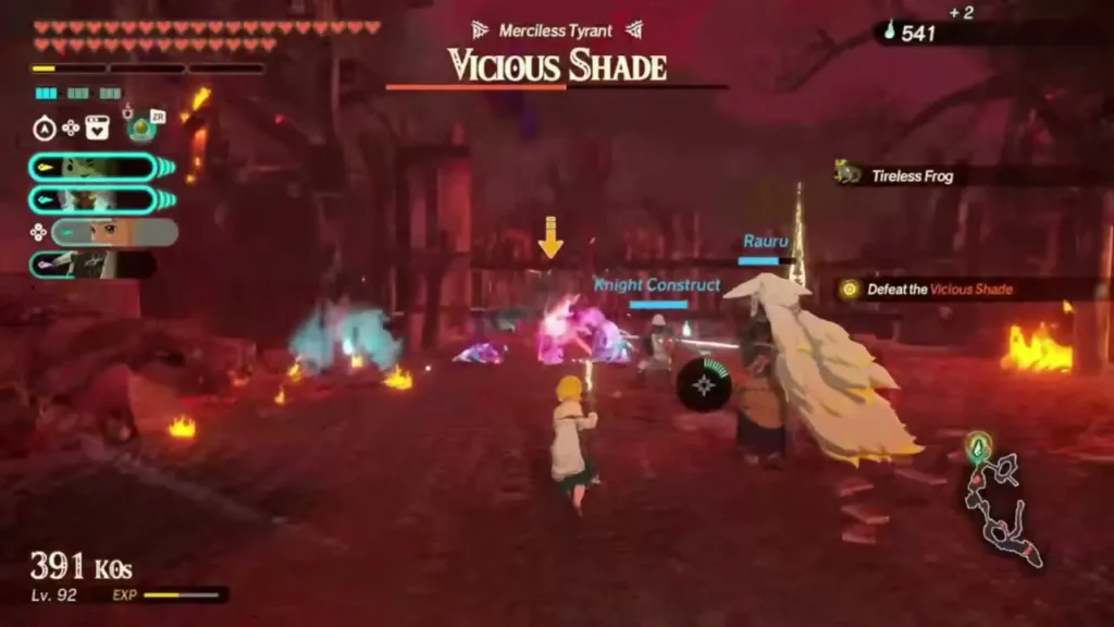 Zelda and Rauru fight a Vicious Shade in a red-lit arena