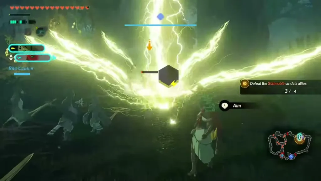 A warrior aims a lightning strike during a night battle in the Great Hyrule Forest A warrior aims a lightning strike during a night battle in the Great Hyrule Forest