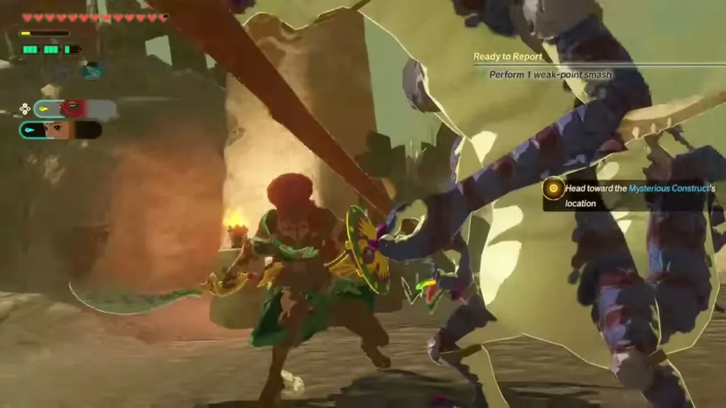 Ardi smashes a Lizalfos weak point, completing a task ready to report Ardi smashes a Lizalfos weak point, completing a task ready to report