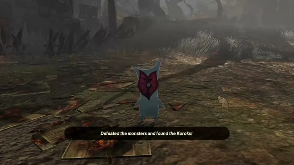 A Korok appears in a burned forest after the monsters are defeated A Korok appears in a burned forest after the monsters are defeated