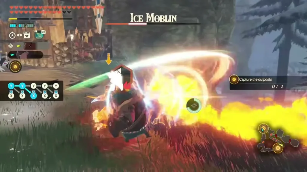 Lago hits an Ice Moblin with a fiery slash in the snow Lago hits an Ice Moblin with a fiery slash in the snow