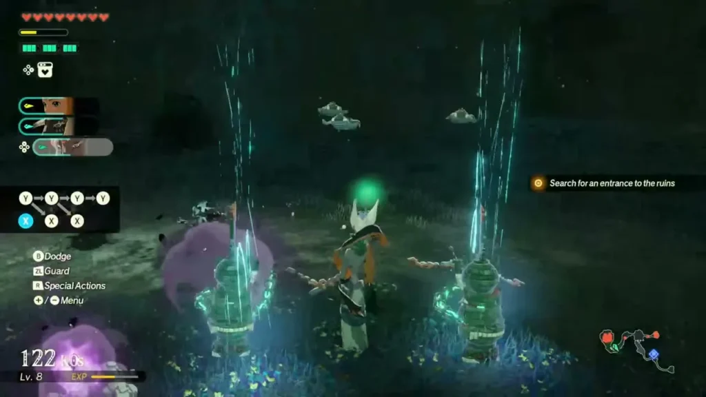 Mineru fights beside two Zonai constructs in the dark ruins Mineru fights beside two Zonai constructs in the dark ruins