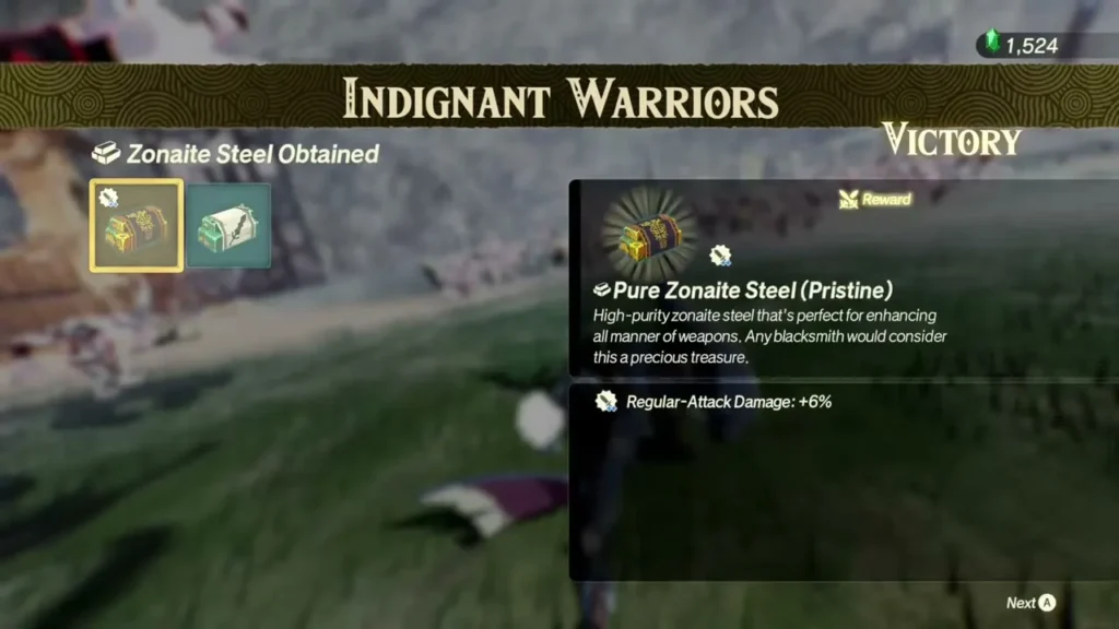 Pure Zonaite Steel (Pristine) shown as a battle reward Pure Zonaite Steel (Pristine) shown as a battle reward