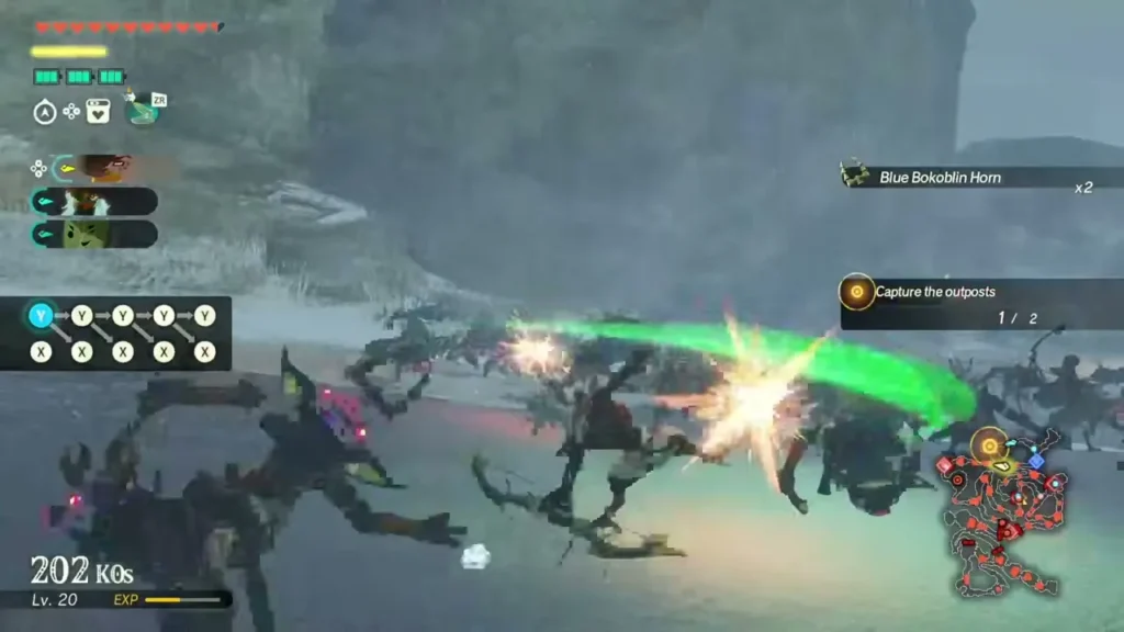 A green arrow streaks through monsters in a snowy Hebra battle A green arrow streaks through monsters in a snowy Hebra battle