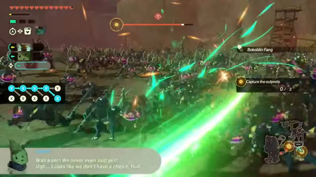Sholani cuts a streak of green light through the Bokoblin army Sholani cuts a streak of green light through the Bokoblin army