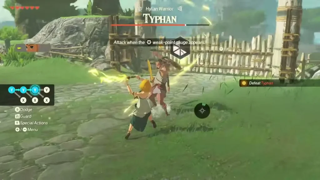 Typhan faces Zelda in a stone courtyard Typhan faces Zelda in a stone courtyard