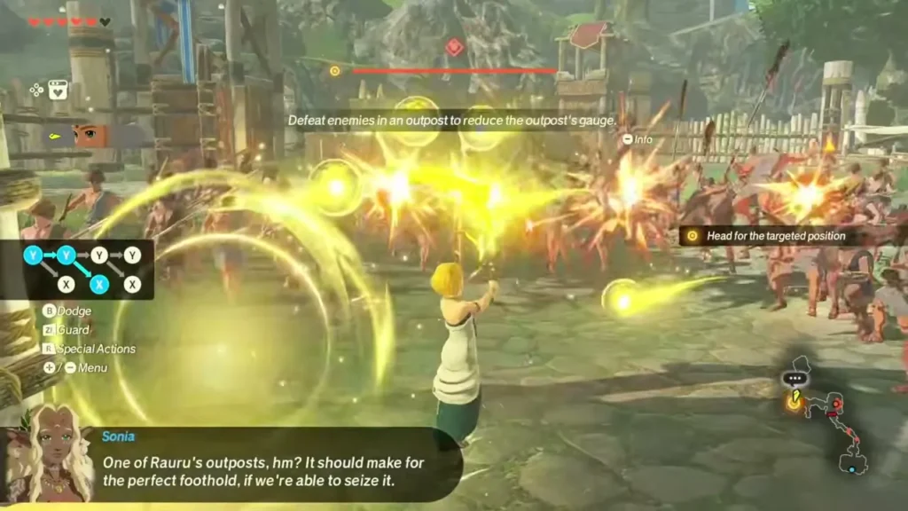 Zelda looses golden light arrows at a crowd at a Hyrulean outpost Zelda looses golden light arrows at a crowd at a Hyrulean outpost