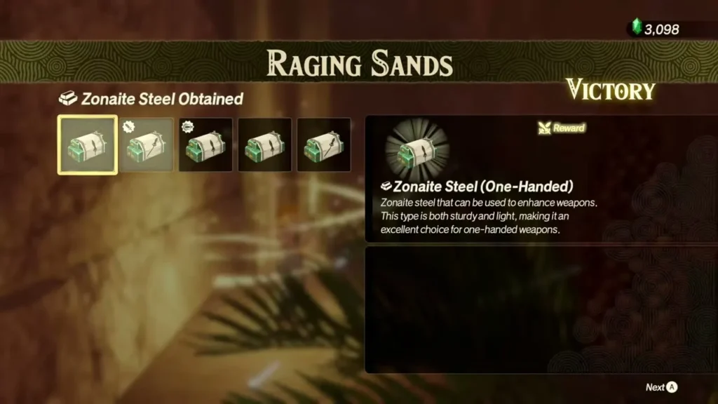 Zonaite Steel (One-Handed) shown as a battle reward Zonaite Steel (One-Handed) shown as a battle reward