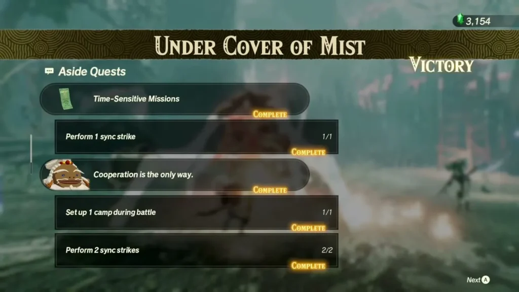 The Under Cover of Mist results show the Time-Sensitive Mission to set up a camp during battle marked Complete The Under Cover of Mist results show the Time-Sensitive Mission to set up a camp during battle marked Complete
