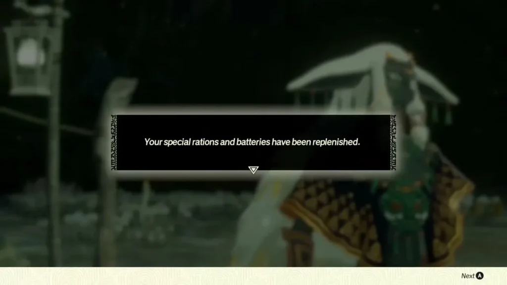 The camp message says special rations and batteries have been replenished The camp message says special rations and batteries have been replenished