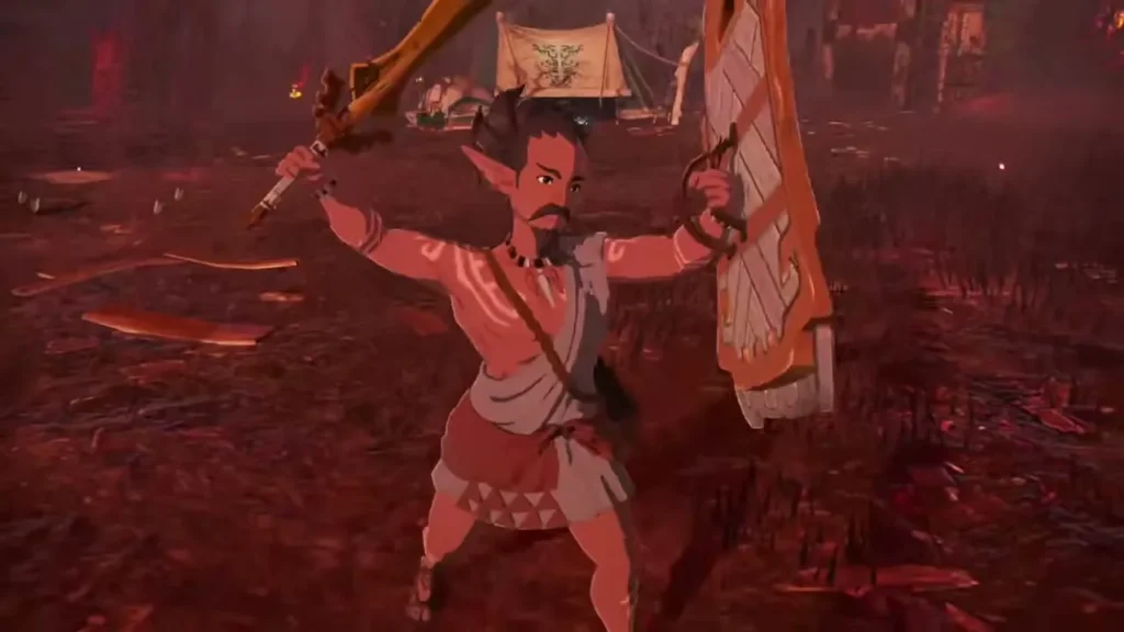 Typhan raises his sword and shield in front of a camp banner Typhan raises his sword and shield in front of a camp banner