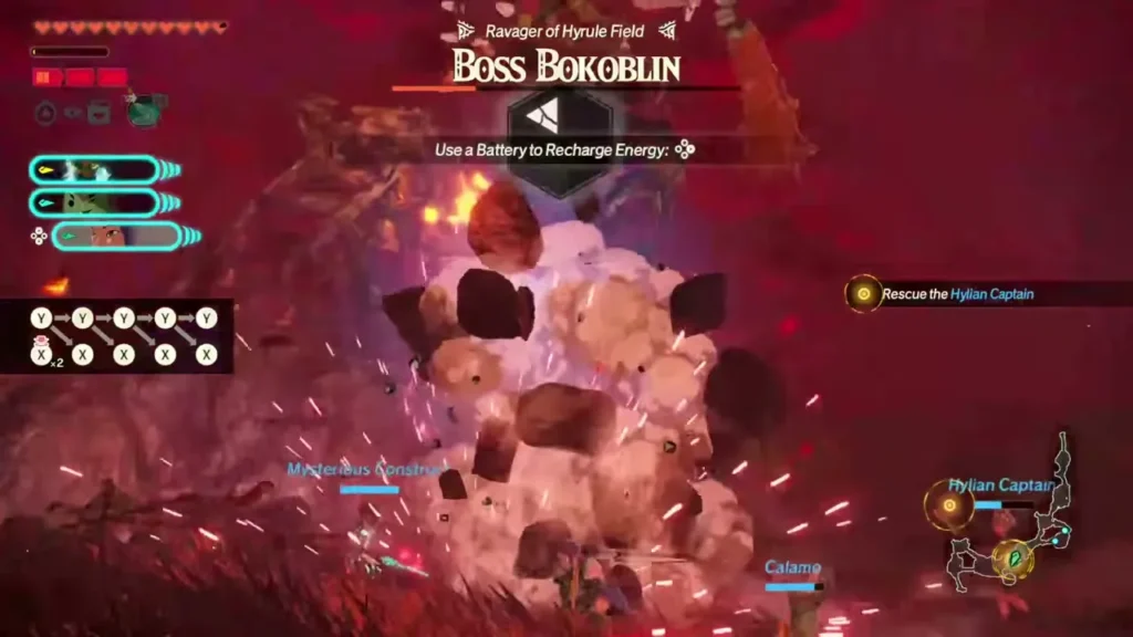 Calamo's party blasts the Boss Bokoblin on Hyrule Field to save the Hylian Captain Calamo's party blasts the Boss Bokoblin on Hyrule Field to save the Hylian Captain
