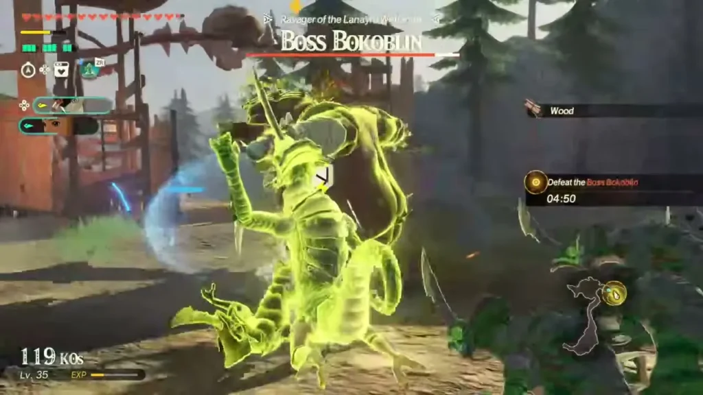 Qia and Zelda face the Boss Bokoblin, Ravager of the Lanayru Wetlands Qia and Zelda face the Boss Bokoblin, Ravager of the Lanayru Wetlands