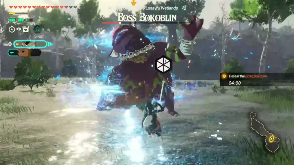 A warrior strikes the Boss Bokoblin with Water Octoroks around A warrior strikes the Boss Bokoblin with Water Octoroks around