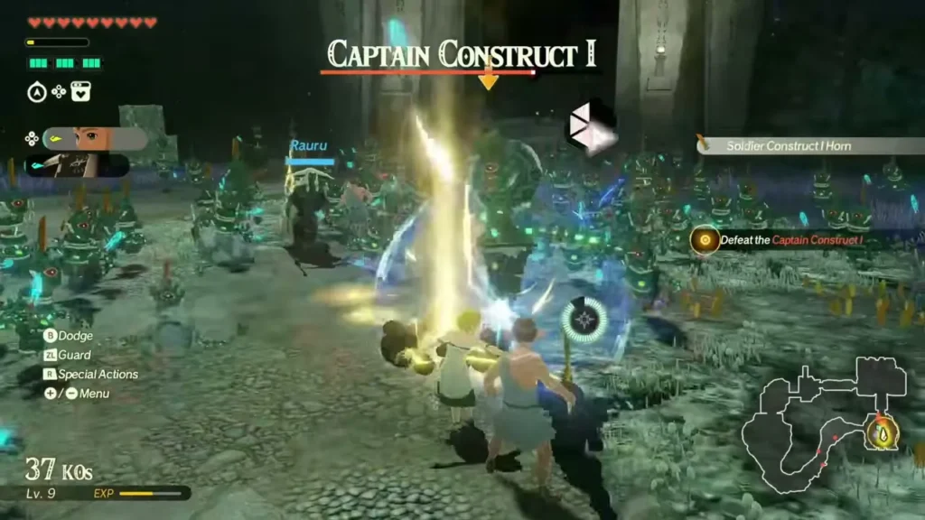 Zelda fights Captain Construct I among Soldier Constructs outside Mineru's workshop in the Depths Zelda fights Captain Construct I among Soldier Constructs outside Mineru's workshop in the Depths