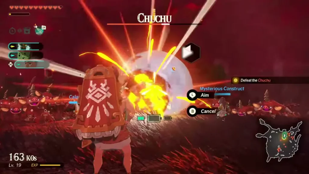 A Goron-armoured ally uses a Zonai device against a Chuchu while Bokoblins swarm Hyrule Field A Goron-armoured ally uses a Zonai device against a Chuchu while Bokoblins swarm Hyrule Field