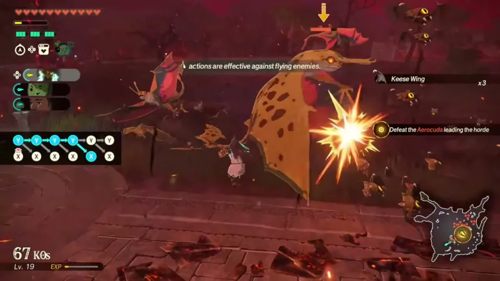 A warrior fights an Aerocuda and Keese swarm over the ruined paving of Hyrule Field A warrior fights an Aerocuda and Keese swarm over the ruined paving of Hyrule Field