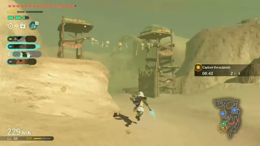 A warrior runs toward a skull-decked enemy outpost in the Gerudo Desert A warrior runs toward a skull-decked enemy outpost in the Gerudo Desert
