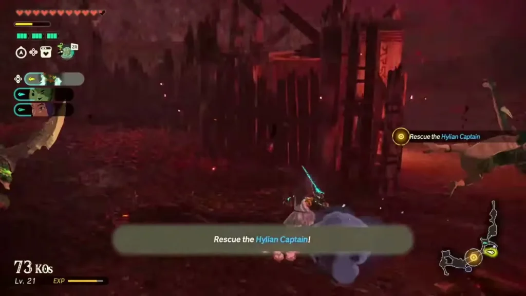 A warrior fights on Hyrule Field as the objective to rescue the Hylian Captain appears A warrior fights on Hyrule Field as the objective to rescue the Hylian Captain appears