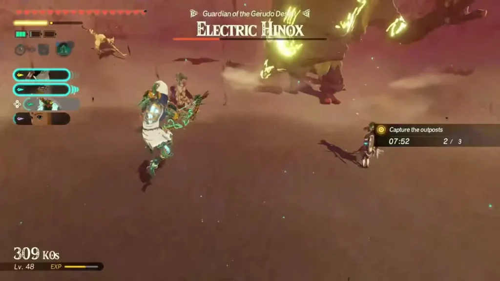 A warrior dodges the Electric Hinox in the dust of the Gerudo Desert A warrior dodges the Electric Hinox in the dust of the Gerudo Desert