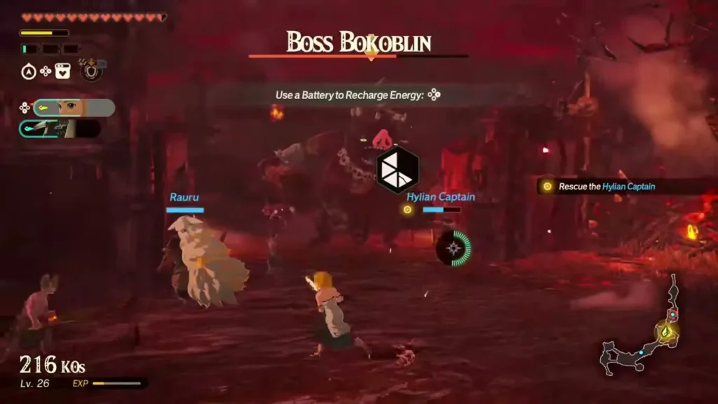 Rauru and Zelda close in on the Boss Bokoblin near the Hylian Captain Rauru and Zelda close in on the Boss Bokoblin near the Hylian Captain