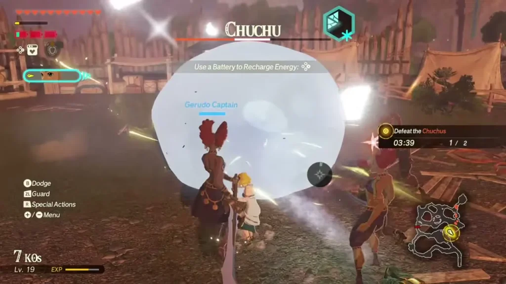 Zelda and a Gerudo Captain fight a Chuchu in the Gerudo camp within the time limit Zelda and a Gerudo Captain fight a Chuchu in the Gerudo camp within the time limit
