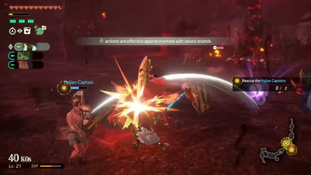 A warrior fights beside a Hylian Captain on the burning Hyrule Field A warrior fights beside a Hylian Captain on the burning Hyrule Field