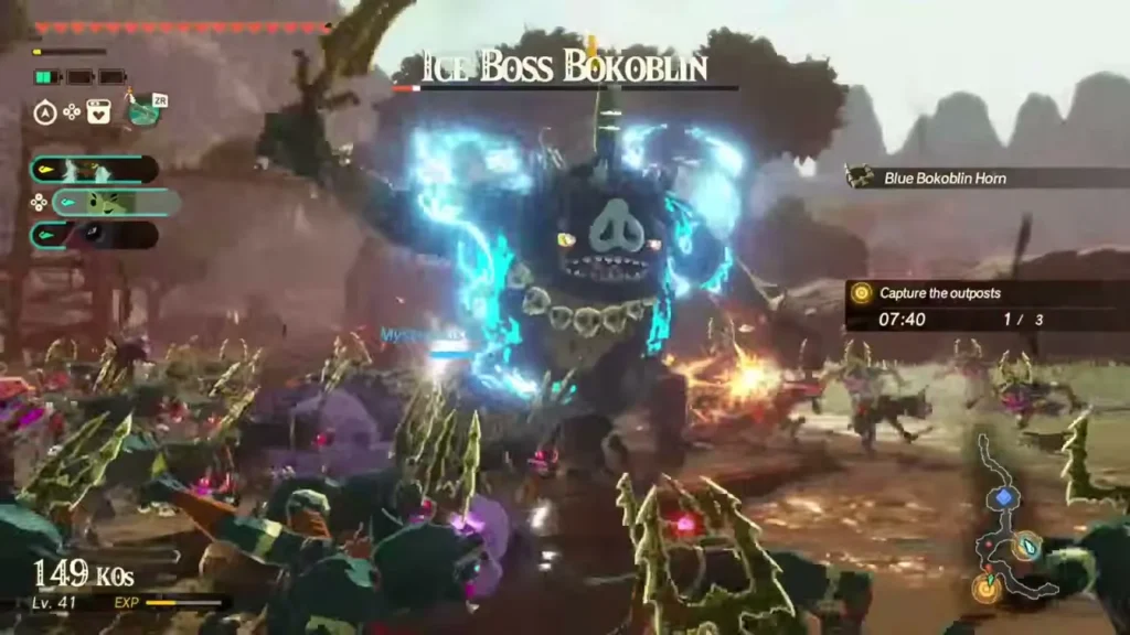 A warrior and allies fight the Ice Boss Bokoblin in Ash Swamp A warrior and allies fight the Ice Boss Bokoblin in Ash Swamp
