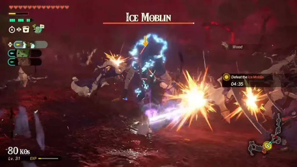 A warrior and allies strike the Ice Moblin on Hyrule Field A warrior and allies strike the Ice Moblin on Hyrule Field