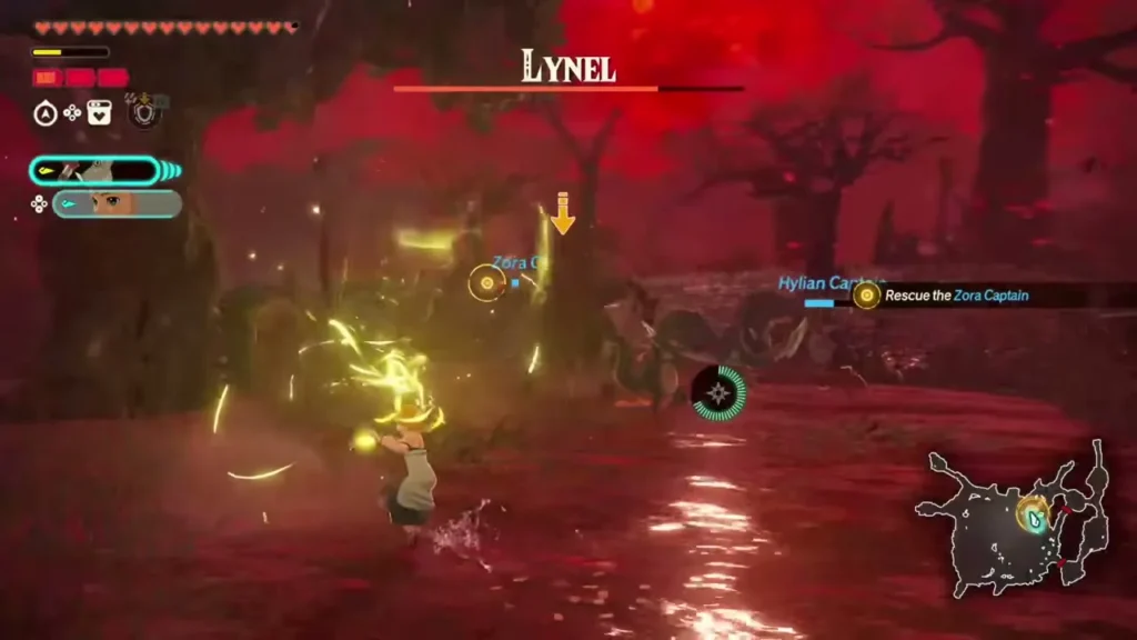 Zelda fights the Lynel while the Zora Captain waits to be rescued Zelda fights the Lynel while the Zora Captain waits to be rescued